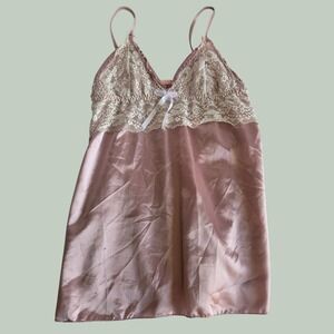 Vintage Y2K Pink Satin Lace Trim Chemise Nightgown Mini Slip Dress Bow Detail